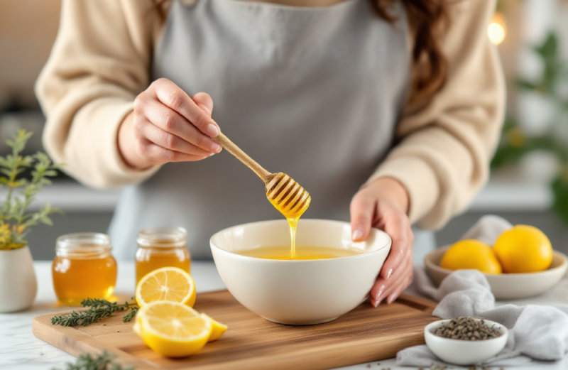 "Kobieta przygotowująca naturalny środek na mokry kaszel, mieszając miód i cytrynę w przytulnej kuchni, otoczona świeżymi cytrynami, ziołami i słoikami z miodem."